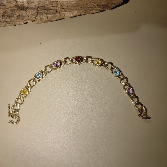 Gold Tone Chain Bracelet Heart-Shaped Multi-Colored Gemstones Toggle Clasp - Picture 5 of 9